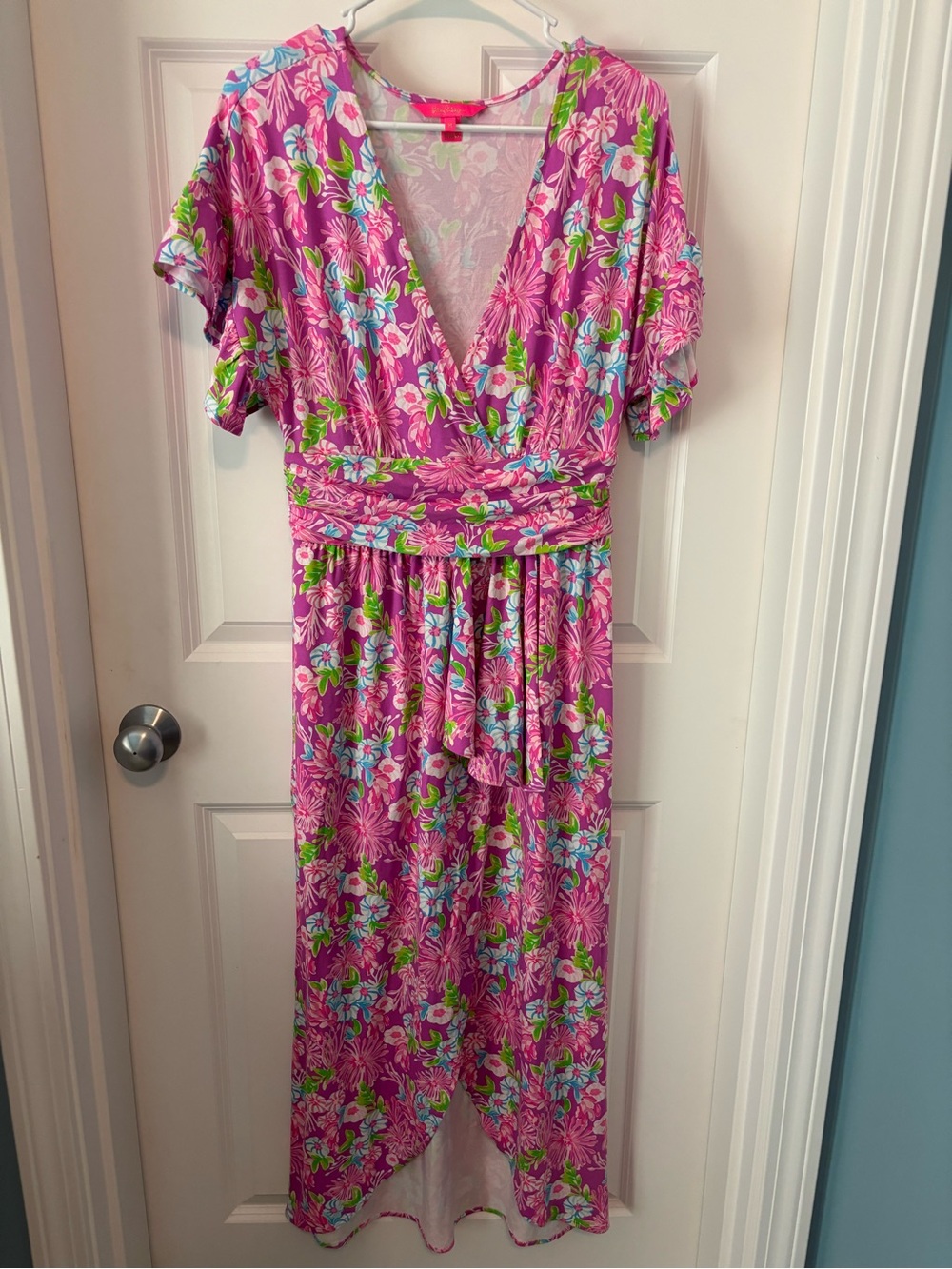 Lilly Pulitzer Anchorage Faux Wrap Midi Dress Amethyst Mom’s the Word Size M EUC